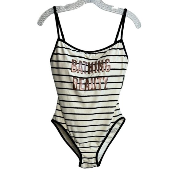 Kate Spade NY NWT $138 Bathing Beauty Graphic Striped 1-Piece Swimsuit Cream LG - Picture 1 of 8